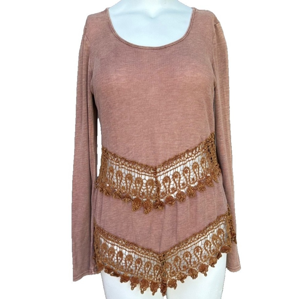 Gimmicks BKE Top Womens Medium Brown Knit Crochet Lace Boho Earthy Vibe Neutral